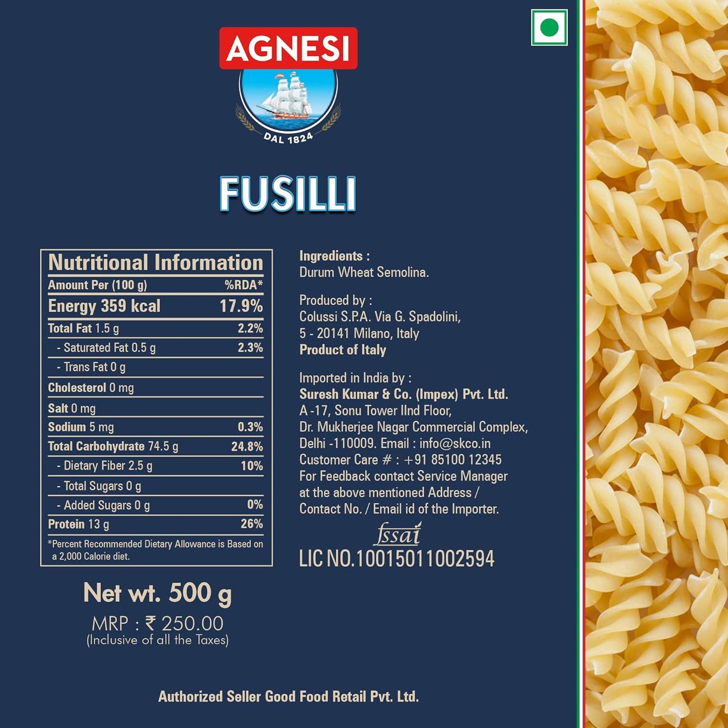 Agnesi Fusilli Pasta, 500g l Imported from Italy l Low Calories l Zero Cholesterol l Zero Salt l No Added Sugar l Durum Wheat l