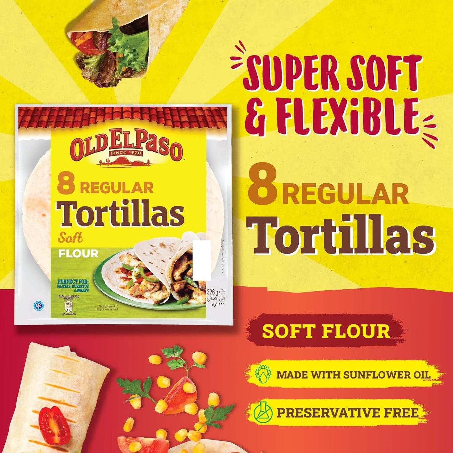 Old El Paso 8 Regular Super Soft Flour Tortillas Pouch, 326 g